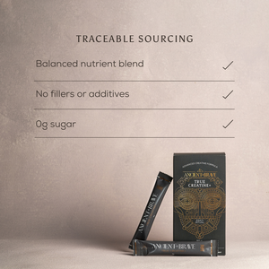 Product packaging with 'Ancient & Brave' branding on a beige background, featuring text about traceable sourcing.