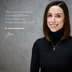 Woman in black turtleneck with text about True Creatine+ formulation on a concrete background.