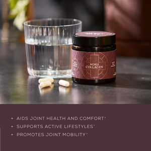 A glass of water, a jar labeled Ancient + Brave Noble Collagen, and three white capsules sit on a table. Type II Collagen supports joint health and mobility, helping promote an active lifestyle.