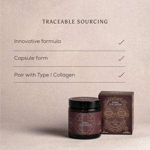 A jar and box of Ancient + Brave Noble Collagen, with Type II Collagen for joint support, sit on a beige surface. Above, checkmarks highlight: Innovative formula, Capsule form, and Pair with Type I Collagen.