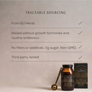 Ancient + Brave True Collagen bottle and box with gold spoon on beige surface. Features hydrolyzed bovine collagen for whole-body health, EU sourced, hormone/antibiotic free, non-GMO, 0g sugar, and third-party tested.