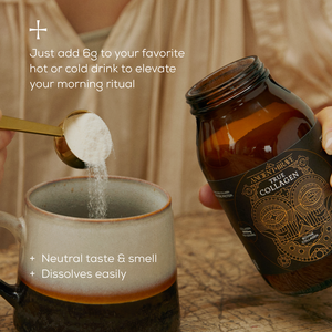A hand pours Ancient + Brave True Collagen powder from a brown jar into a mug with a gold spoon. Add 6g to drinks as part of your morning ritual—its neutral taste and easy dissolving support whole body health.