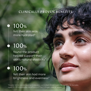 A woman with clear, glowing skin looks upward in a forest. Text highlights clinically proven benefits—100% hydration, improved elasticity, and brighter skin—after using Ancient + Brave True Collagen for whole body health.