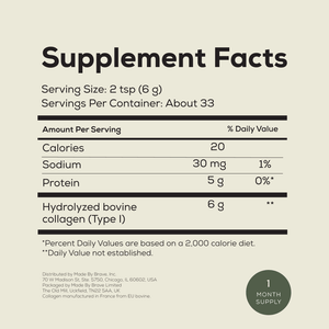 Supplement Facts for Ancient + Brave True Collagen: Each 2 tsp (6g) serving delivers 20 calories, 30mg sodium, 5g protein, and 6g Hydrolyzed Bovine Collagen (Type I) to support whole body health. Contains about 33 servings per container.