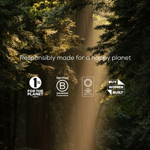 Sunlight streams through tall trees in a lush forest. Text reads: Ancient + Brave True Collagen—responsibly made for a happy planet, with four sustainability and ethical certifications, supporting whole body health with hydrolyzed bovine collagen.