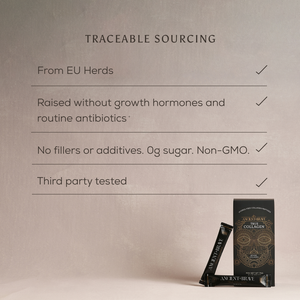 A display shows a box and two sticks of Ancient + Brave True Collagen Sachets. Text highlights non-GMO, third-party tested hydrolyzed bovine collagen from EU herds without growth hormones/antibiotics—supporting whole body health.