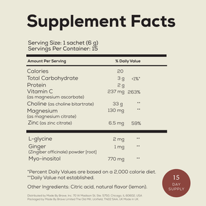 Supplement facts label for Ancient + Brave True Nightcap Sachets: a calming blend per 6g sachet with calories, carbs, protein, vitamin C, choline, magnesium, zinc, L-glycine, ginger powder & myo-inositol. Contains a 15-day supply.
