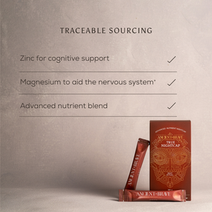 A box and two sachets of Ancient + Brave True Nightcap Sachets are set against a beige background. Text highlights zinc for cognitive support, magnesium for the nervous system, and targeted nutrients—ideal for your Rest Ritual.