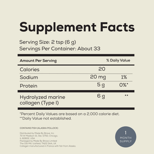 Supplement Facts label for Ancient + Brave Wild Collagen: Serving size 2 tsp (6g), about 33 servings per container. Per serving: 20 calories, 20mg sodium, 5g protein, and 6g Type I Hydrolyzed Marine Collagen for whole-body health.