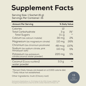 The Ancient + Brave True Hydrate Sachets supplement facts label features a black and cream design, shows one sachet per serving (12 calories), highlights key electrolytes for active lifestyles, ingredient list, and provides a 15-day supply.