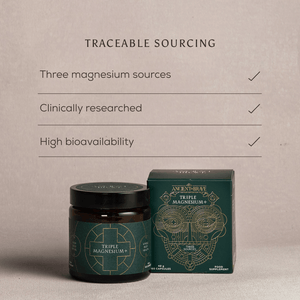 A jar and box of Ancestral Brew Triple Magnesium+ capsules are shown on a beige surface. Text above highlights traceable sourcing, three magnesium sources, clinical research, and high bioavailability.