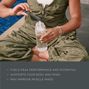 A person in an olive green outfit pours powder from a packet labeled LIVV HYDRATE into a water bottle. Below are text benefits: Fuels peak performance and potential, supports your body and mind, may improve muscle mass.