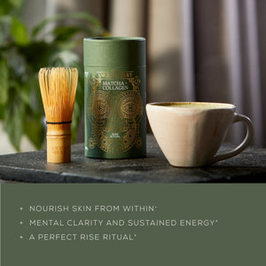 A cup of matcha is beside a green Ancient + Brave Matcha + Collagen container and a bamboo whisk, with text highlighting its skin nourishment, mental clarity, and ceremonial grade matcha for your morning ritual.