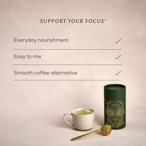 A cup with a green drink sits beside a green Ancient + Brave Matcha + Collagen canister and a gold spoon of powder. Text: Support focus—Ceremonial Grade Matcha, Daily nourishment, Easy mixing, Smooth coffee alternative.
