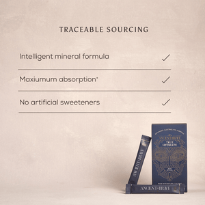 A graphic titled Traceable Sourcing with three checkmarks: Intelligent mineral formula, Maximum absorption*, No artificial sweeteners. Below is Ancient + Brave True Hydrate Sachets—an electrolyte-rich blend for active lifestyles.