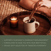 A hand stirs a mug of hot beverage with a wooden spoon next to a lit candle on a woven surface. Text highlights the drinks benefits for overnight replenishment, rest, and nutrients.