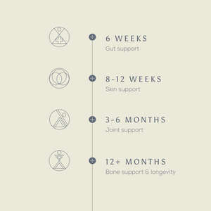 A vertical timeline highlights key wellness milestones with Ancient + Brave Wild Collagen: 6 weeks—gut, 8-12 weeks—skin, 3-6 months—joints, and 12+ months—bones; each phase marked by a simple line icon.