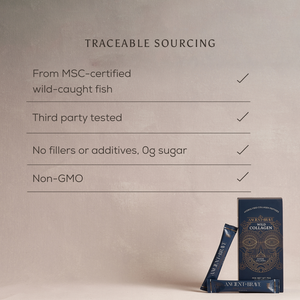 A display shows a blue Ancient + Brave Wild Collagen Sachets box with a stick packet. Above are features: hydrolyzed marine collagen, MSC-certified wild-caught fish, third-party tested, non-GMO, no fillers or sugar.