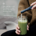 A person pours Ancient + Brave Wild Collagen Sachets into a glass of green drink. The text notes its neutral taste and smell, easy dissolving, and recommends adding 6g to any hot or cold drink.