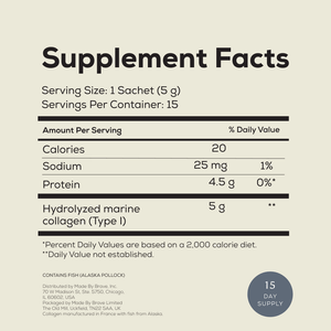 Wild Collagen Sachets by Ancient + Brave deliver 5g Hydrolyzed Marine Collagen (Type I) from Alaska pollock per serving, plus 20 calories, 25mg sodium, and 4.5g protein—supporting whole-body health.