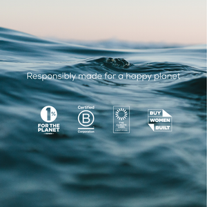 Close-up of gentle ocean waves with Responsibly made for a happy planet above four logos, highlighting Wild Collagen Sachets by Ancient + Brave—ideal for whole-body health: 1% for the Planet, B Corp, Climate Neutral Certified, Buy Women Built.