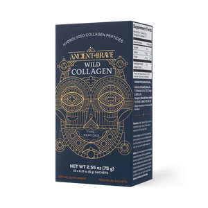A box of Ancient + Brave Wild Collagen Sachets comes in a dark blue package with a gold geometric design, supplement facts, and emphasizes Type I Collagen for whole-body health. Net weight: 2.55 oz (75 g).