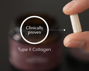 A hand holds a white capsule near a blurred bottle in the background, with text overlay reading Clinically proven Type II Collagen.
